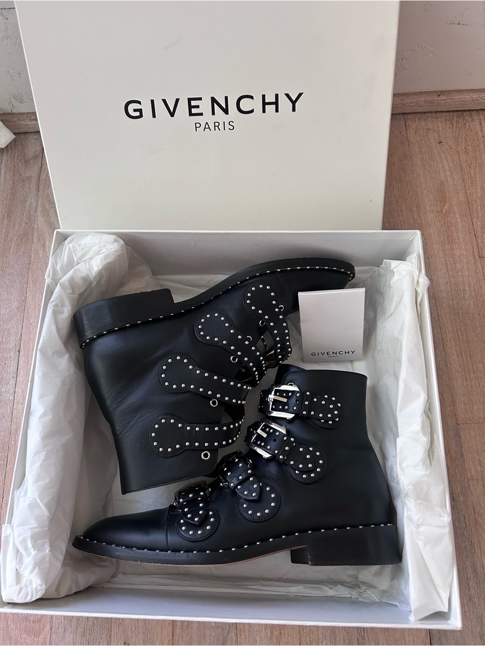 Givenchy “Elegant” Studded Leather Buckle Boots - Women's 8/38 - Black Booties